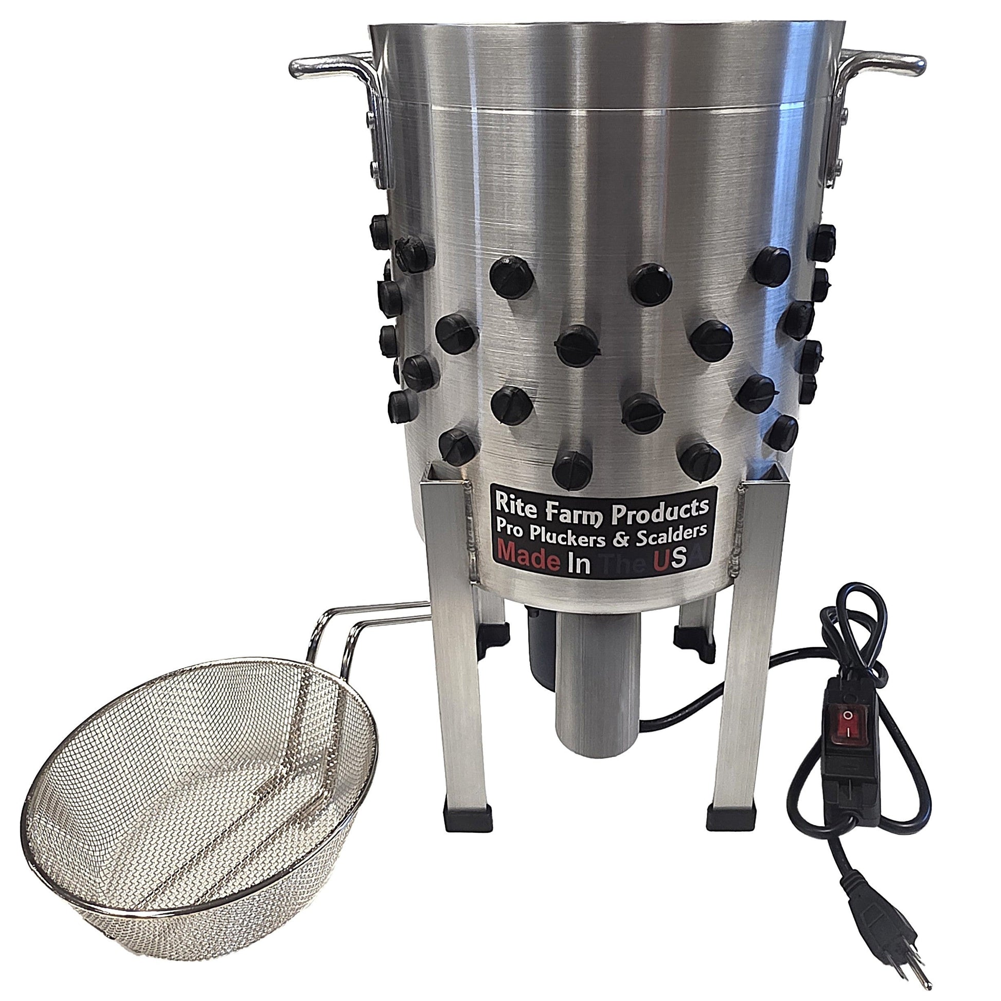 Pro USA Quail Plucker and 4-gallon 120V, 1,000W scalder for small bird processing from coopsnmore.com, showing the plucker and scalder equipment.