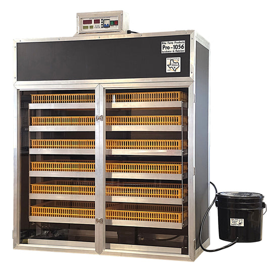 Chicken, duck, goose, and pheasant incubator by Rite Farm Products, USA made, with clear view of the cabinet and digital controls.