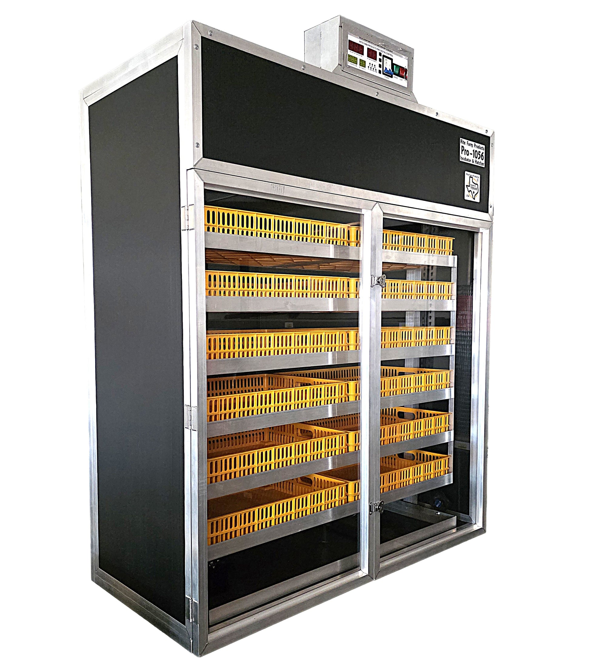 Coopsnmore PRO1056 USA-made cabinet incubator and egg hatcher for chicken, duck, goose, and pheasant eggs, with digital controls.