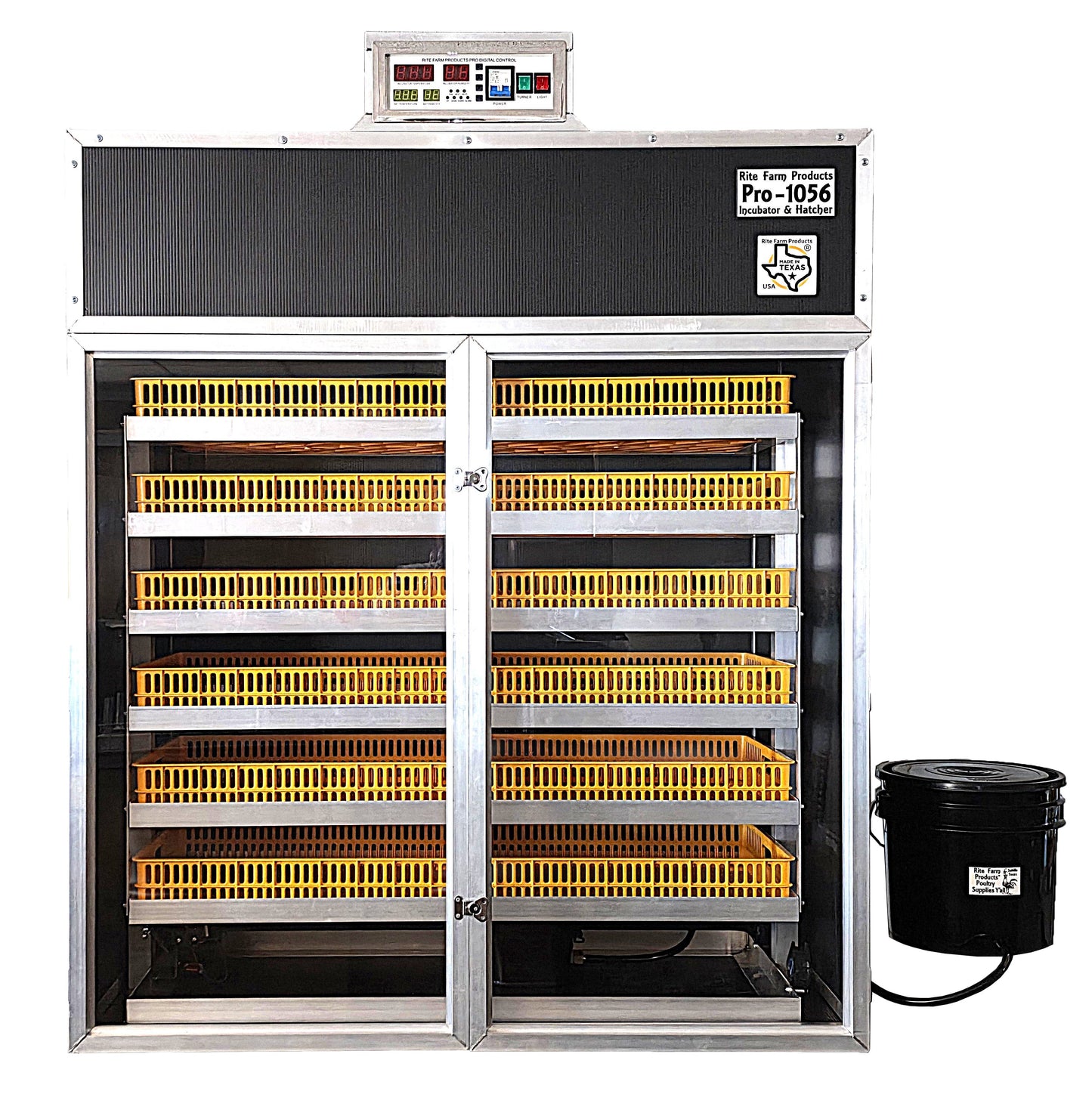 Coopsnmore.com USA-made cabinet incubator and egg hatcher for chicken, duck, goose, and pheasant eggs, with digital controls and clear viewing window.