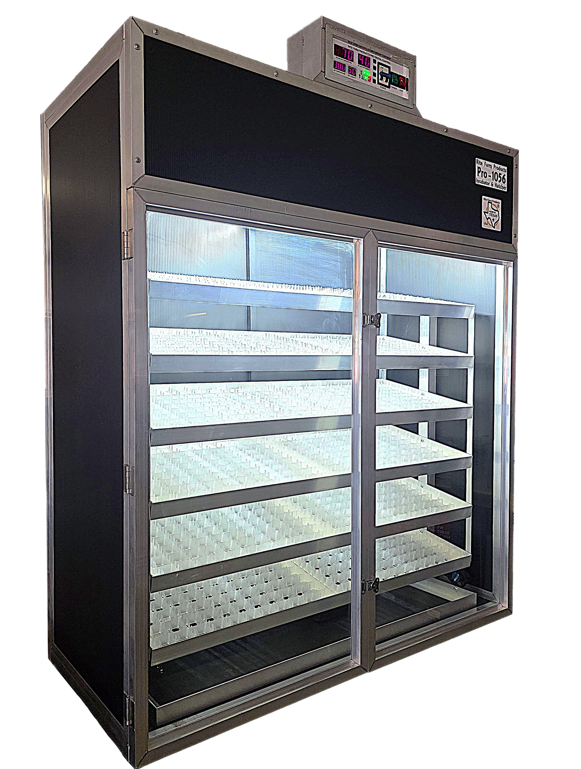 Chicken, duck, goose, and pheasant cabinet incubator and egg hatcher from Rite Farm Products, USA-made, with clear digital controls.