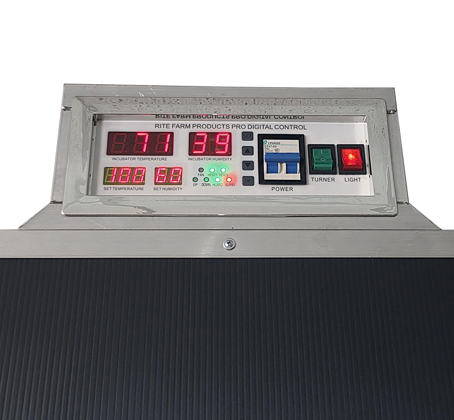 Chicken, duck, goose, and pheasant incubator and egg hatcher by Rite Farm Products, USA-made cabinet design, with transparent lid and control panel.