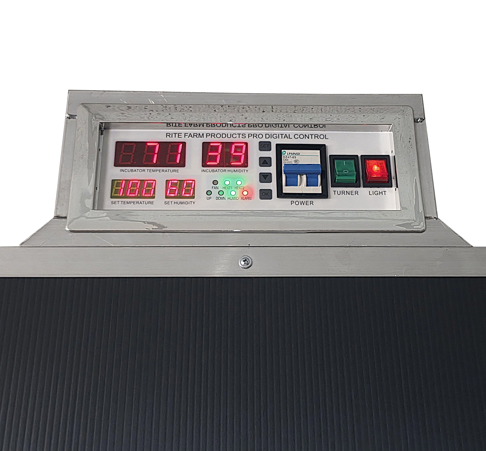 Chicken, duck, goose, and pheasant incubator and egg hatcher by Rite Farm Products, USA-made cabinet design, with transparent lid and control panel.