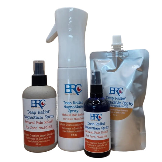 By Robin Creations Deep Relief Magnesium Spray for sore muscles, shown in a spray bottle with a clear label.