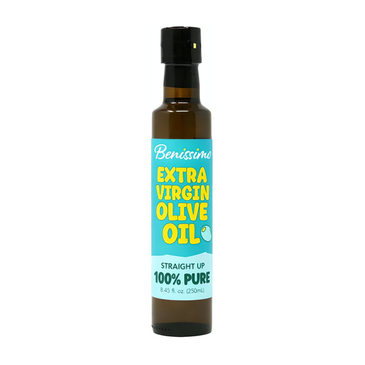 Benissimo Extra Virgin Olive Oil bottle from Hongar Farms with Dorica label, 250mL glass container.