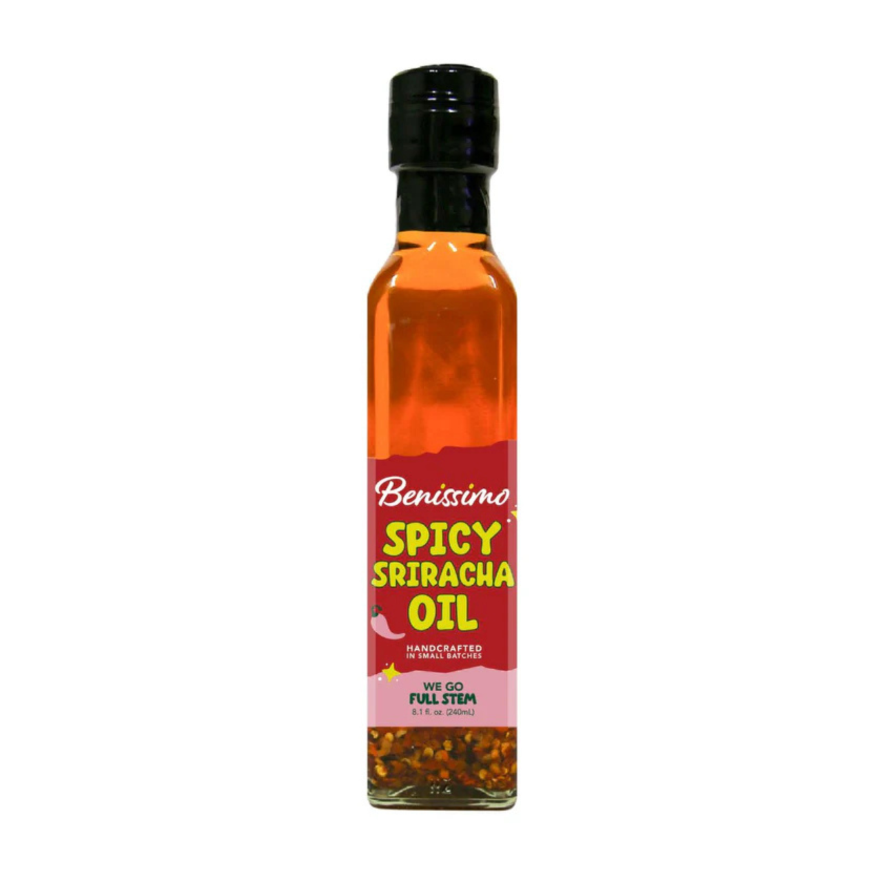 Benissimo Spicy Sriracha Oil by Hongar Farms in a 250mL bottle, featuring vibrant red label and spicy chili flavor.