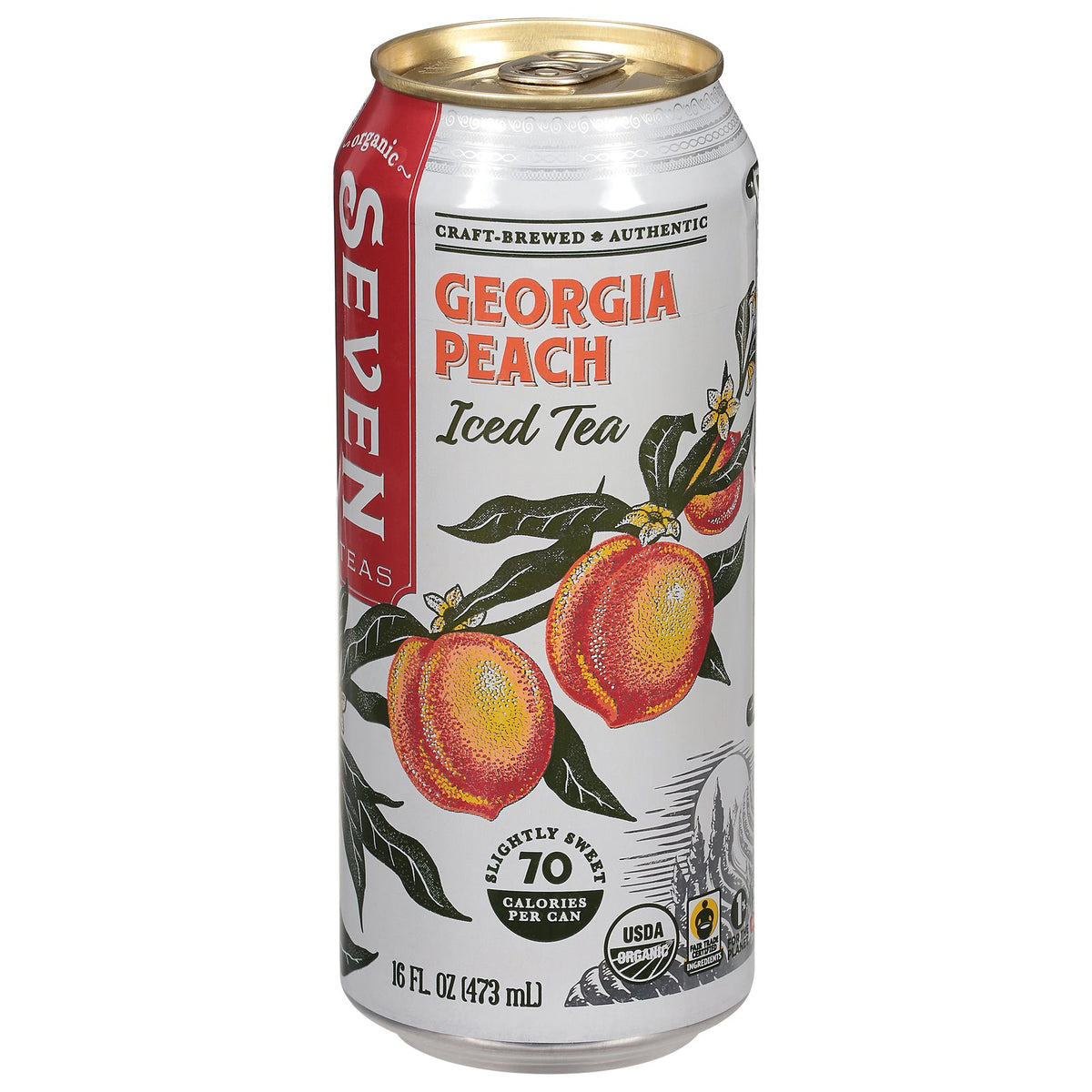 Cozy Farm Seven Teas Georgia Peach Tea in 16 fl oz bottle, featuring peach flavor and refreshing beverage for hot or cold drinks.