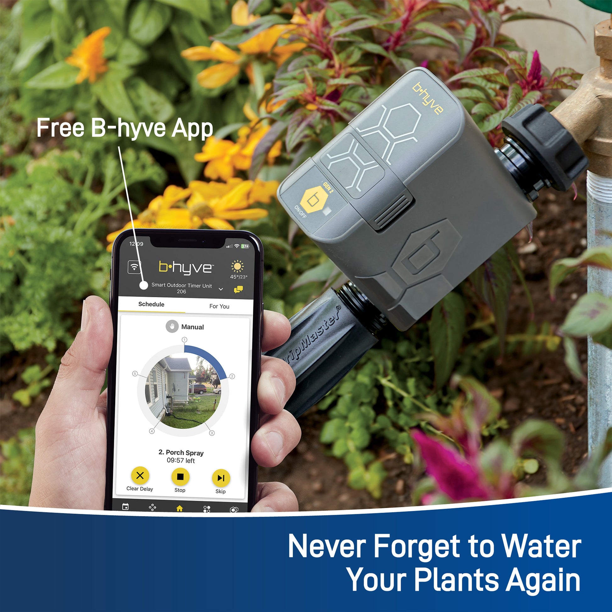 Orbit Irrigation Gen 2 B-hyve Smart Hose Watering Timer mounted on a garden hose, with digital control panel and connection ports.
