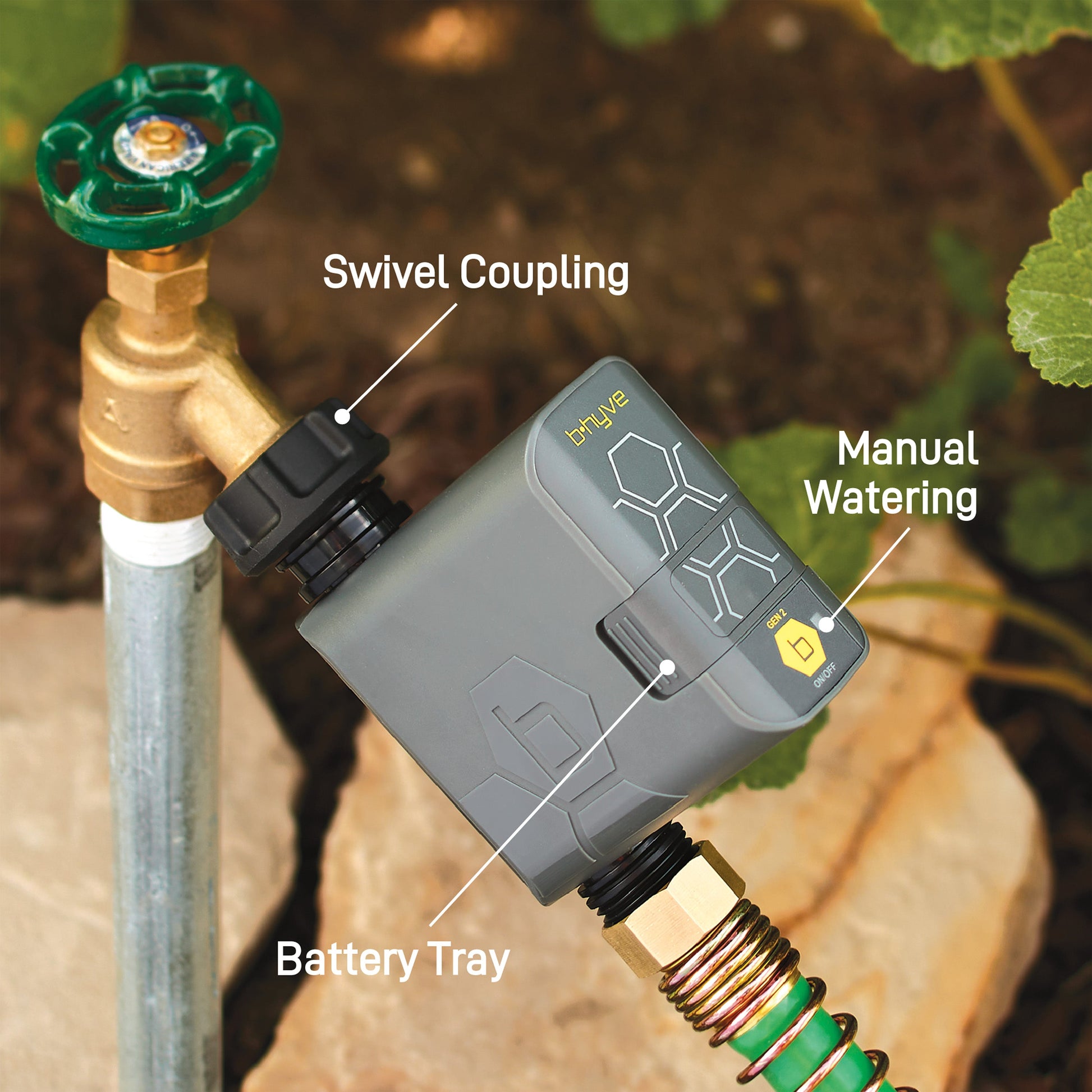 Orbit Irrigation Gen 2 B-hyve Smart Hose Watering Timer attached to a garden hose, showing digital control panel and connecting hose