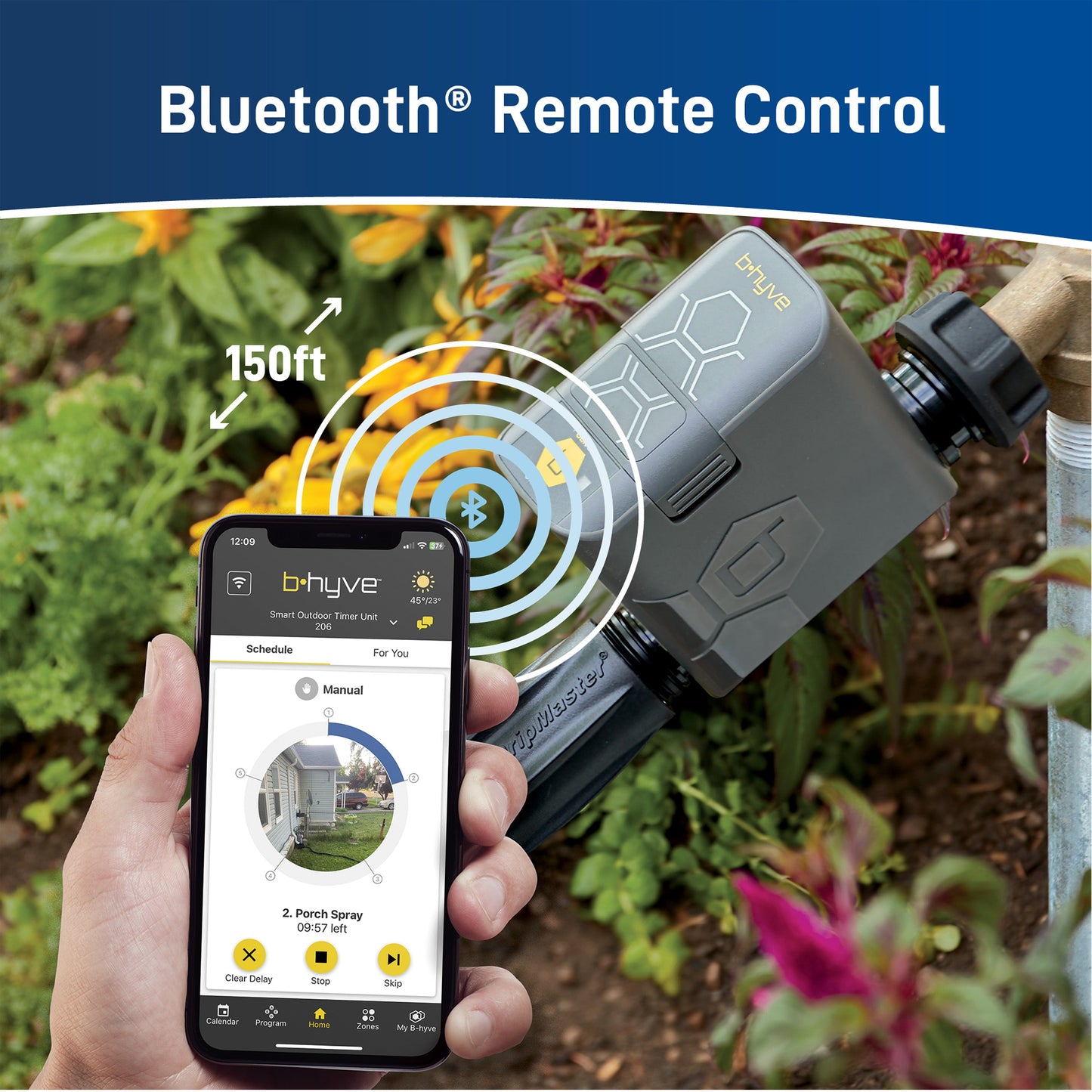 Orbit Irrigation Gen 2 B-hyve Smart Hose Watering Timer attached to a garden hose, showing digital control panel and connection ports.