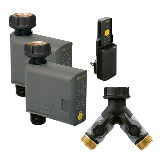 Orbit Irrigation Gen 2 B-hyve smart hose watering timer bundle with hub and Y hose splitter, shown connected to garden hose.