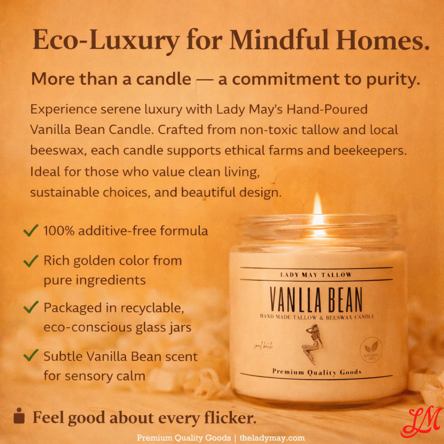 Lady May Tallow "Classic" Tallow & Beeswax Candle 16oz | 7 Natural Scents | Non-Toxic Clean Burning