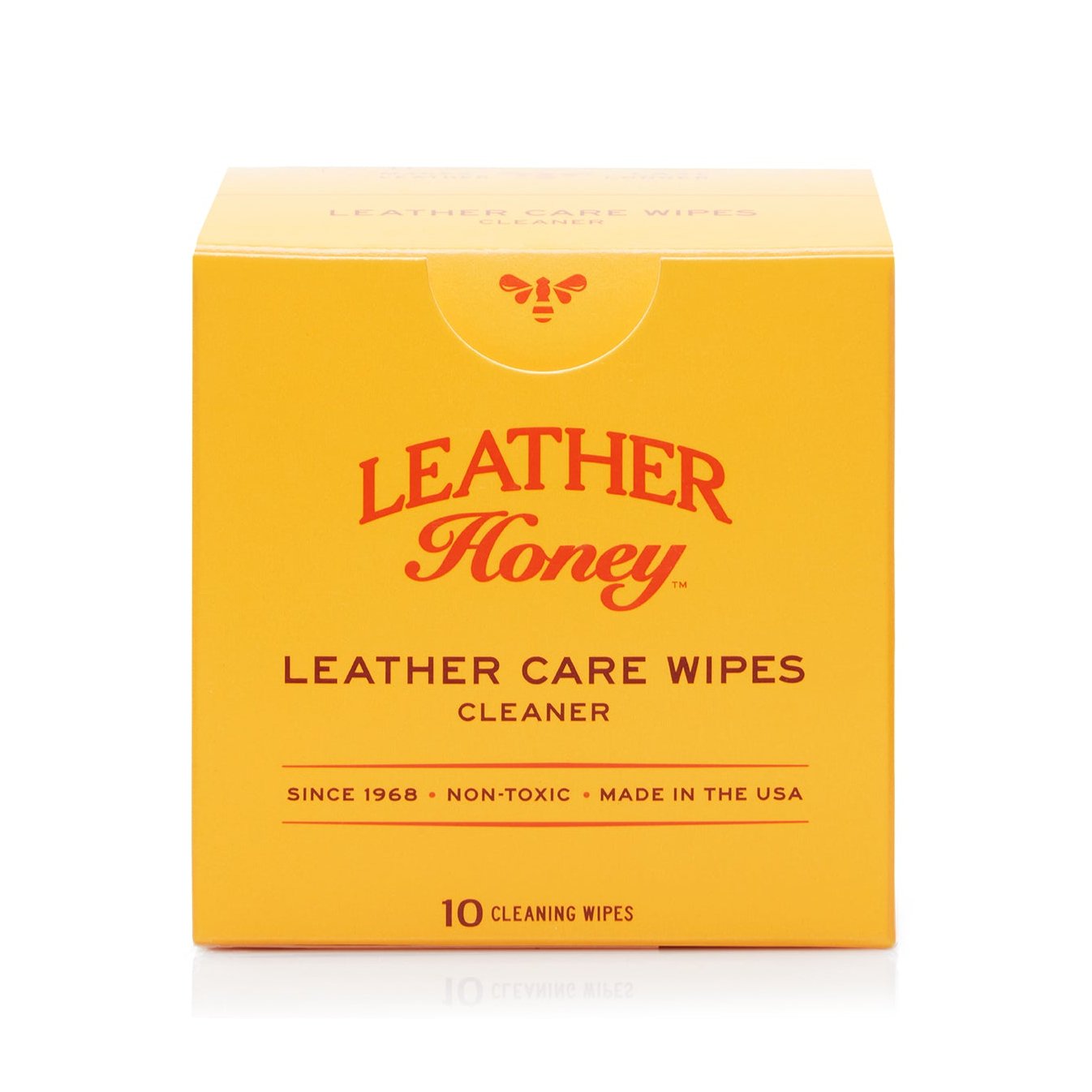 Leather Honey Leather Care Wipes pack showing ten convenient wipes for cleaning and conditioning leather surfaces.