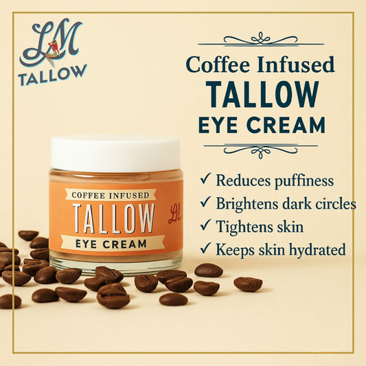 The Lady May Ultimate Tallow Skincare Gift Box by Lady May Tallow is surrounded by coffee beans. Text highlights benefits: reduces puffiness, brightens dark circles, tightens skin, and keeps skin hydrated.