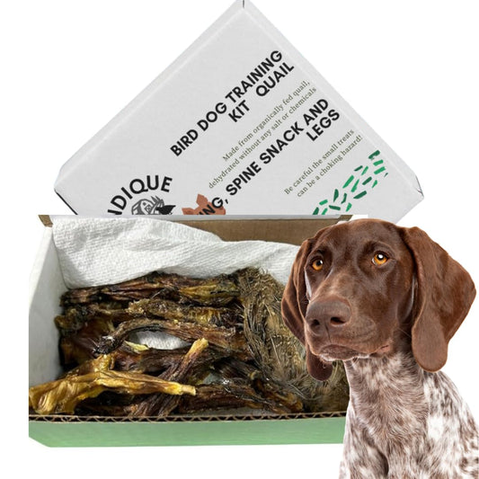 Dog training kit with quail wing treats from Quailz.com, featuring nutritious dog treats for positive reinforcement training sessions.