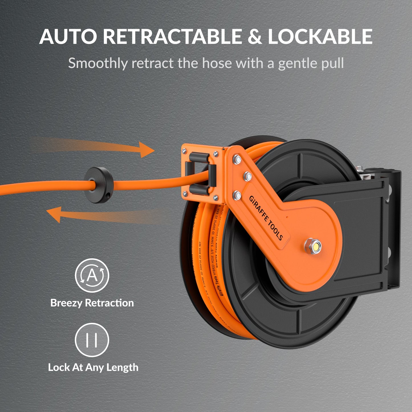 Giraffe Tools US retractable air hose reel with alloy steel body, 3/8 inch diameter, 25 to 50 feet length, mounted for easy use