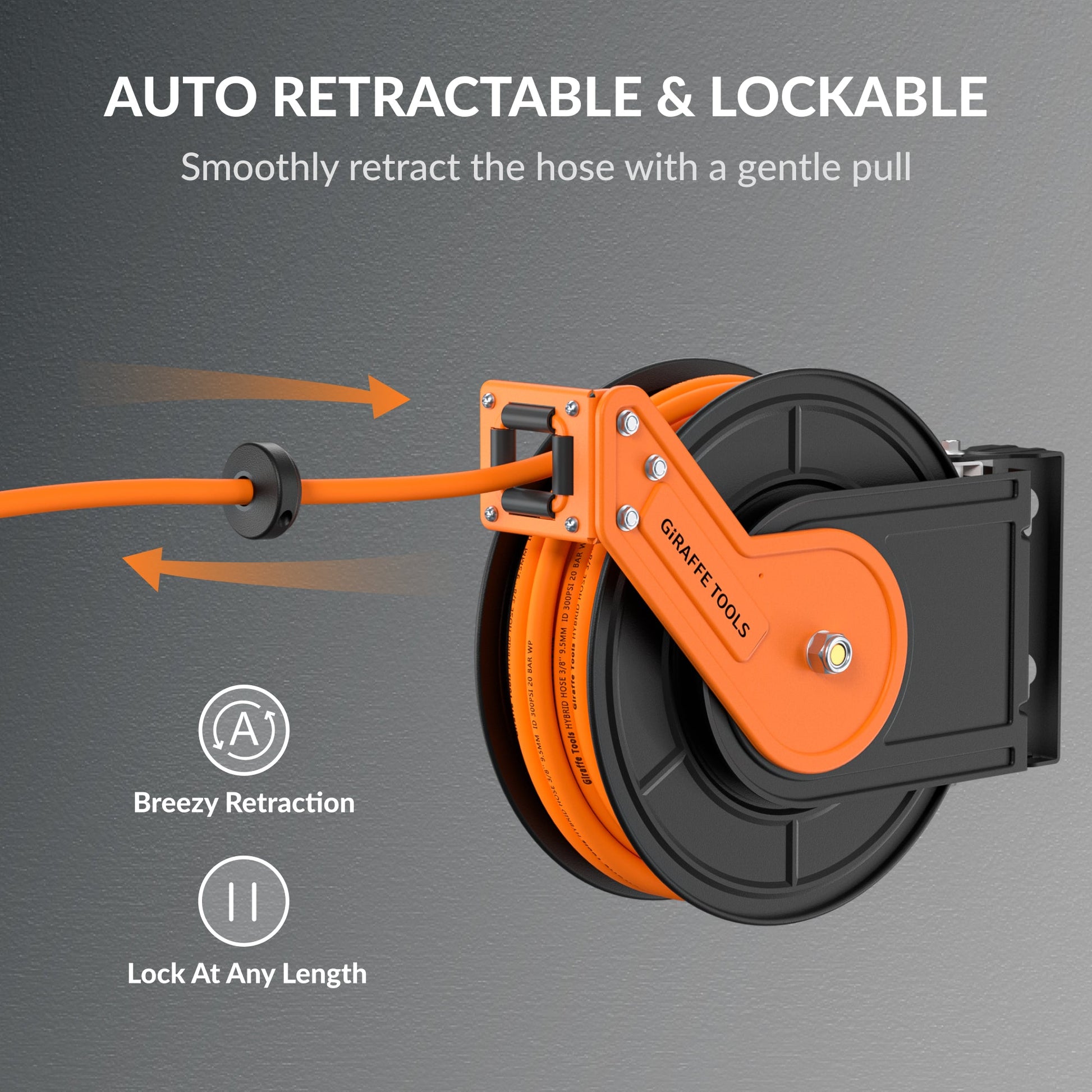 Giraffe Tools US retractable air hose reel with alloy steel body, 3/8 inch diameter, 25 to 50 feet length, mounted for easy use