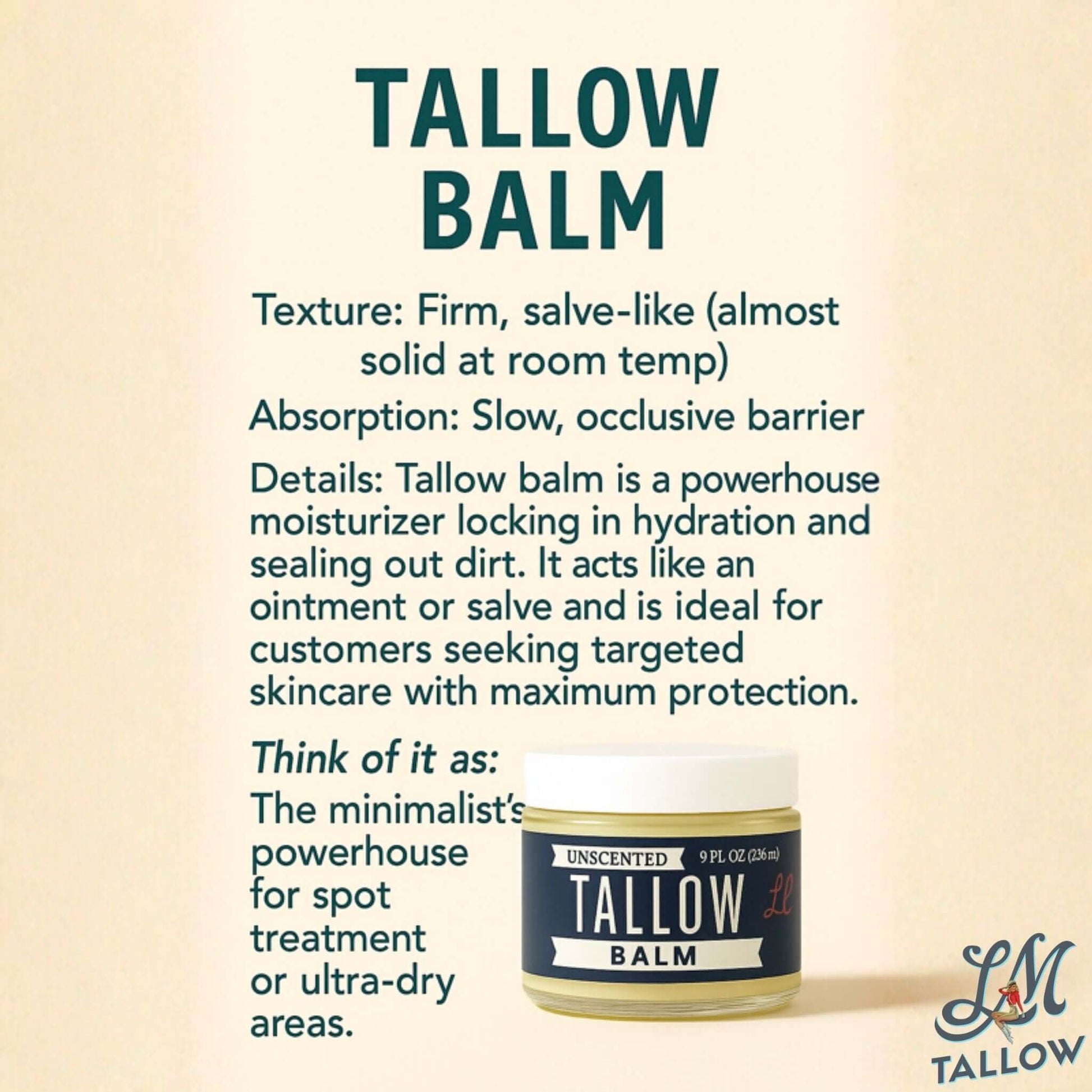 Unscented Lady May Tallow all-natural beef tallow body cream jar with a simple label, showing the moisturizing balm inside.