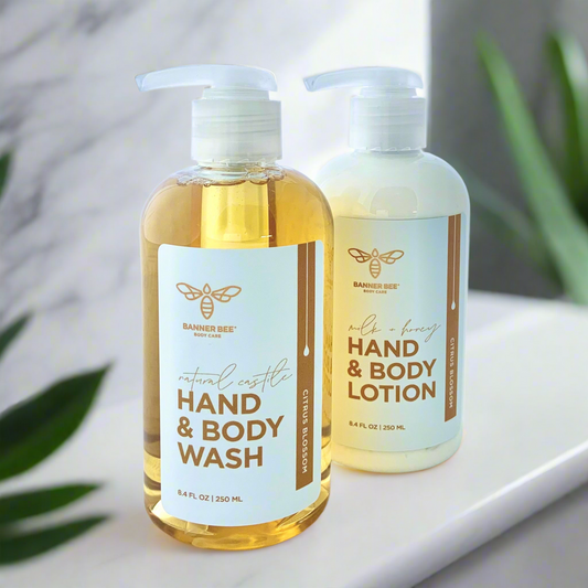 Organic Castile Hand and Body Wash by BannerBee Company LLC featuring citrus blossom scent, gentle natural body care product.