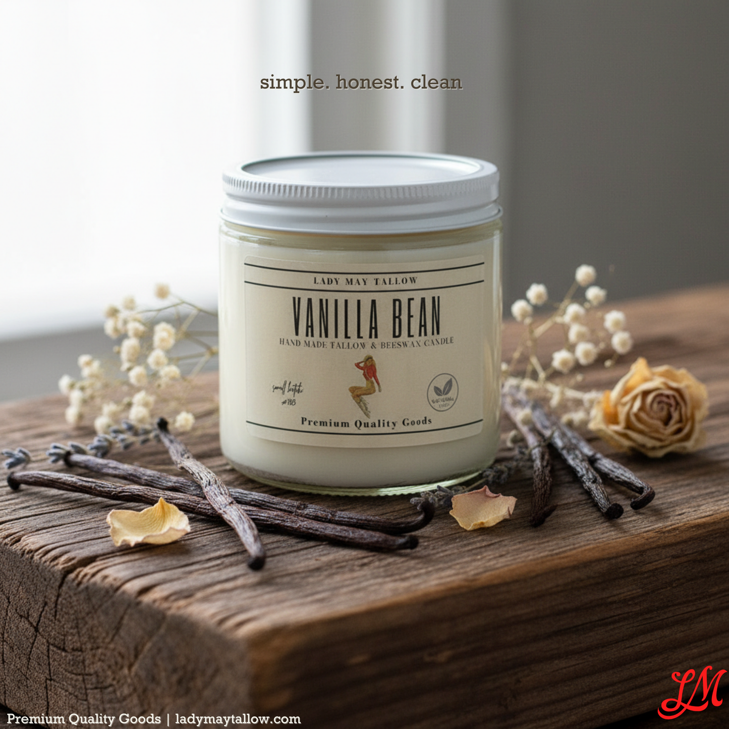 Lady May Tallow "Classic" Tallow & Beeswax Candle 16oz | 7 Natural Scents | Non-Toxic Clean Burning