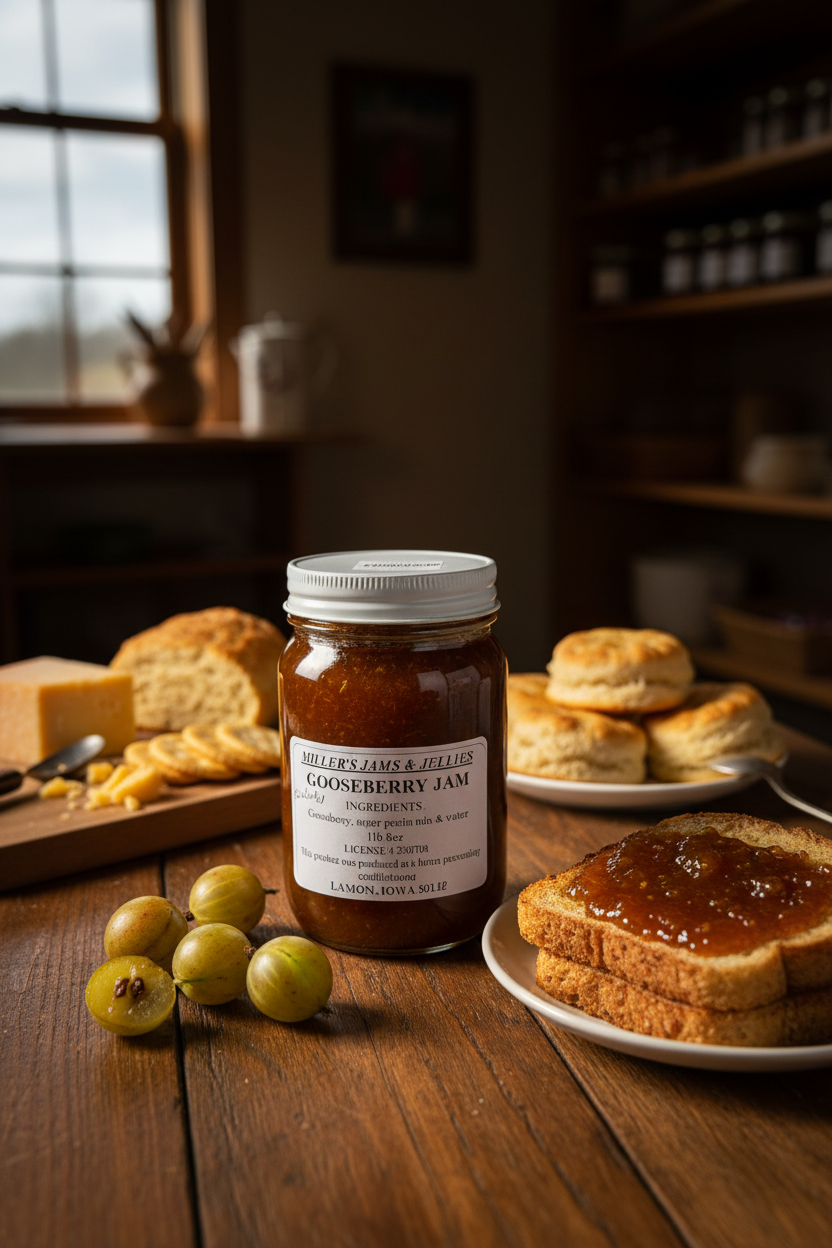 Amish Country Store Miller’s Gooseberry Jam jar with a colorful label, showcasing the Amish jam made from fresh gooseberries.