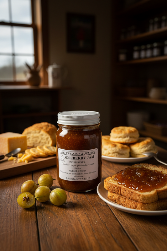 Amish Country Store Miller’s Gooseberry Jam jar with a colorful label, showcasing the Amish jam made from fresh gooseberries.