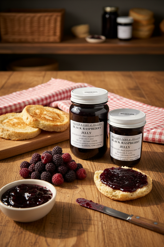 Amish Country Store black raspberry jam jar with label, showcasing homemade Amish jam made from fresh black raspberries.