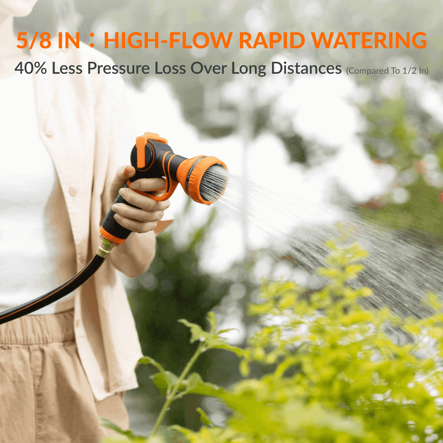 Giraffe Tools US retractable garden hose reel with 5/8 inch, 115 ft hose, mounted on a wall in a garden setting