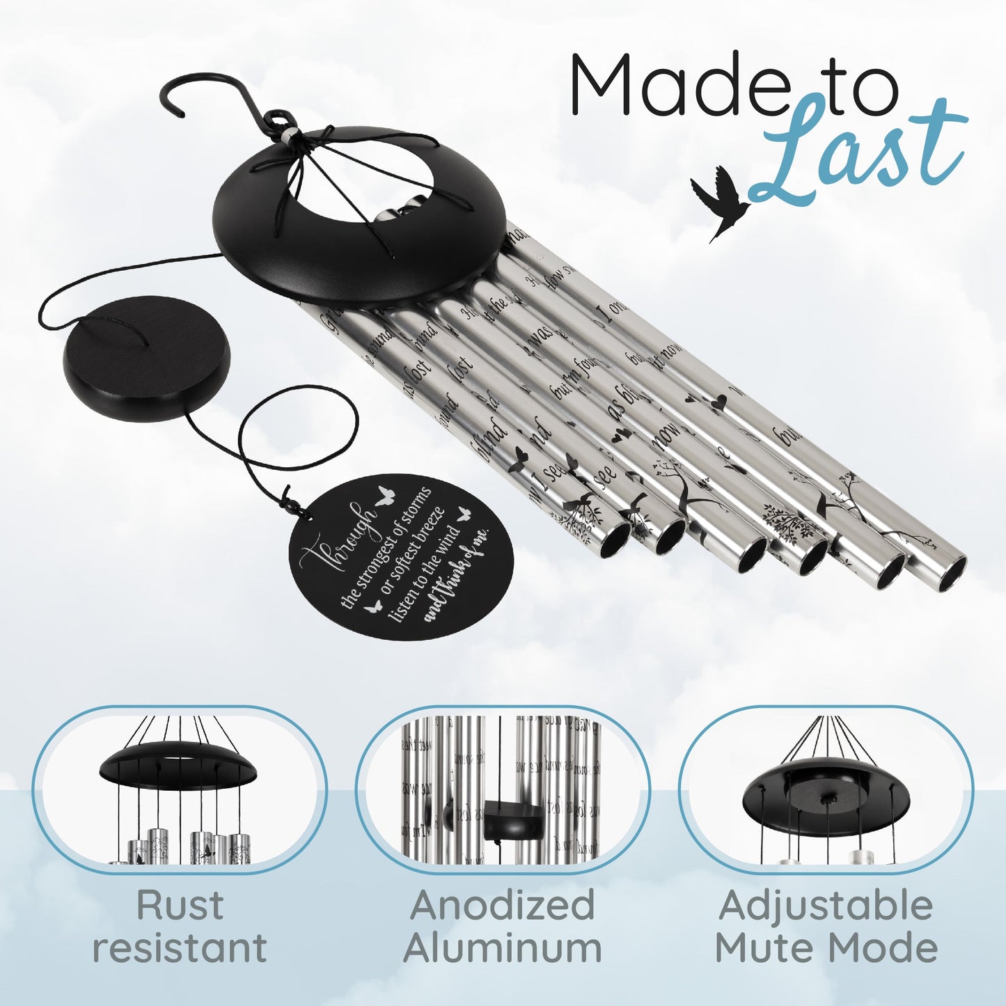 40" Serenity Memorial Wind Chimes, Thoughtful Gift For Special Occasions or Reflections Amazing Grace Scripture - Blessings Grow Meadows