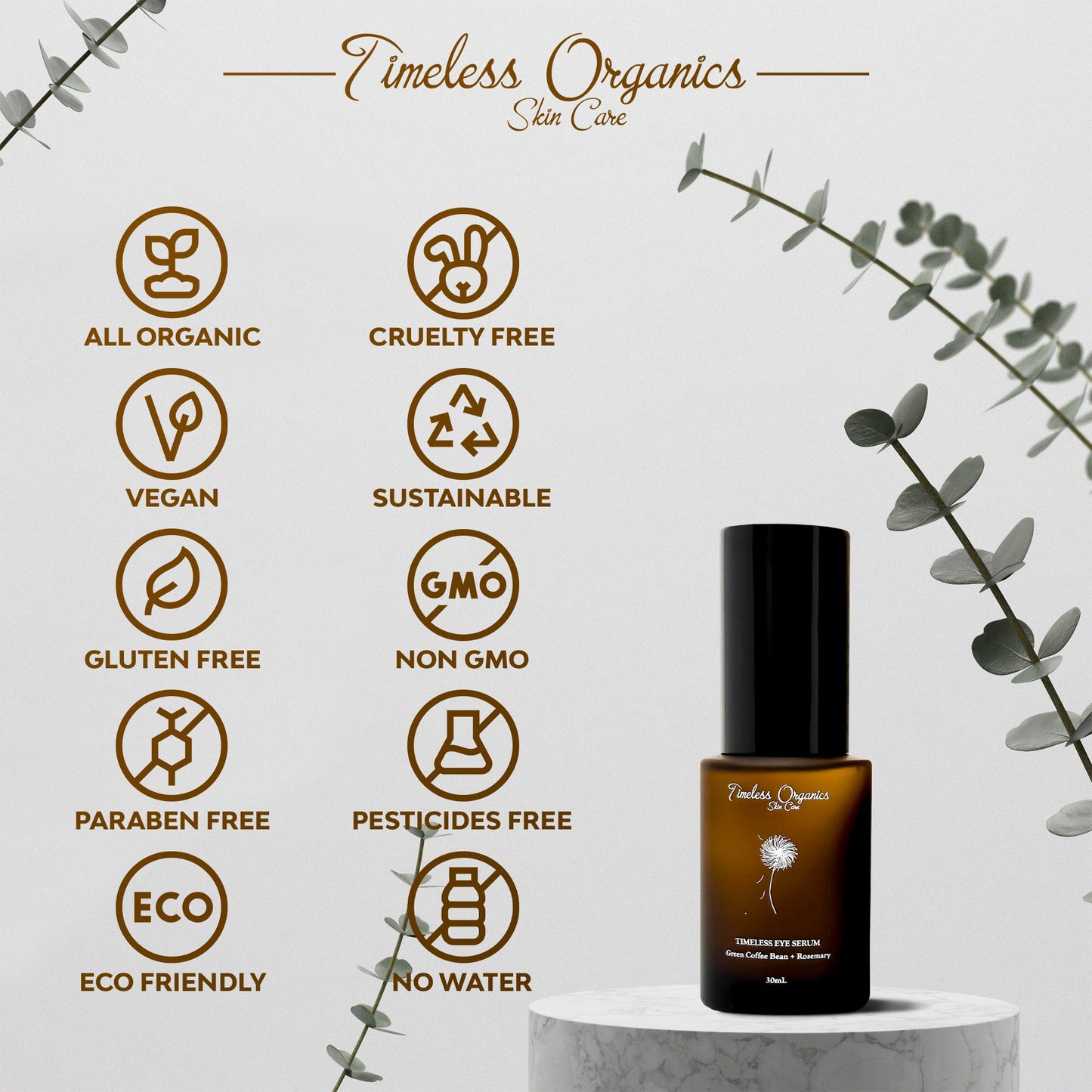 Timeless Organics Skin Care Timeless Eye Serum in a small glass bottle with dropper for reducing puffiness and fine lines around eyes.