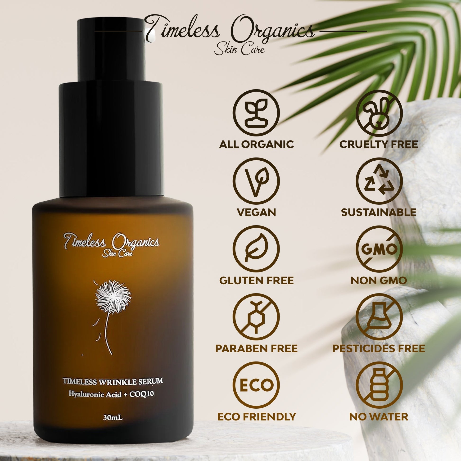 Timeless Wrinkle Serum by Timeless Organics Skin Care, a sleek glass bottle with dropper for nighttime skincare treatment.