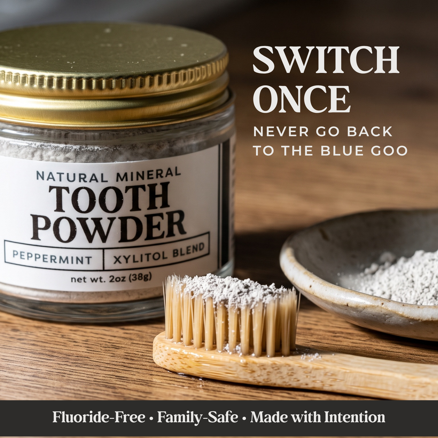Remineralizing tooth powder by Revive Homestead with hydroxyapatite and xylitol for natural dental care, showing the powder in a jar.