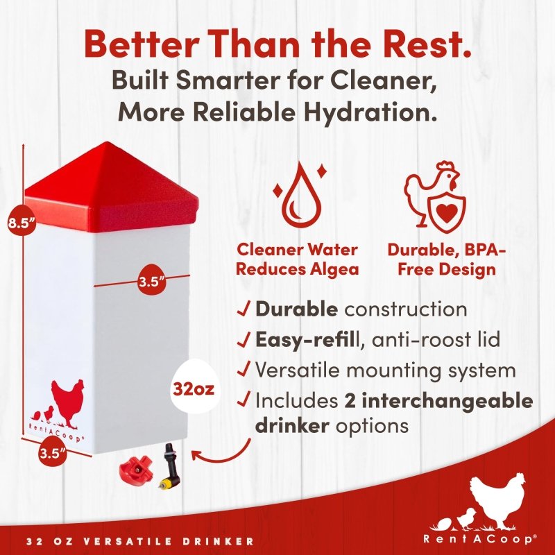 RentACoop 32oz water drinker with 2 versatile nipples, suitable for chicks, quail, pigeons, and small birds.