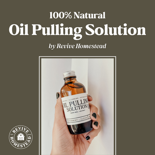 Revive Homestead oil pulling solution in a clear glass bottle with a dropper, designed for oral health and natural detoxification.