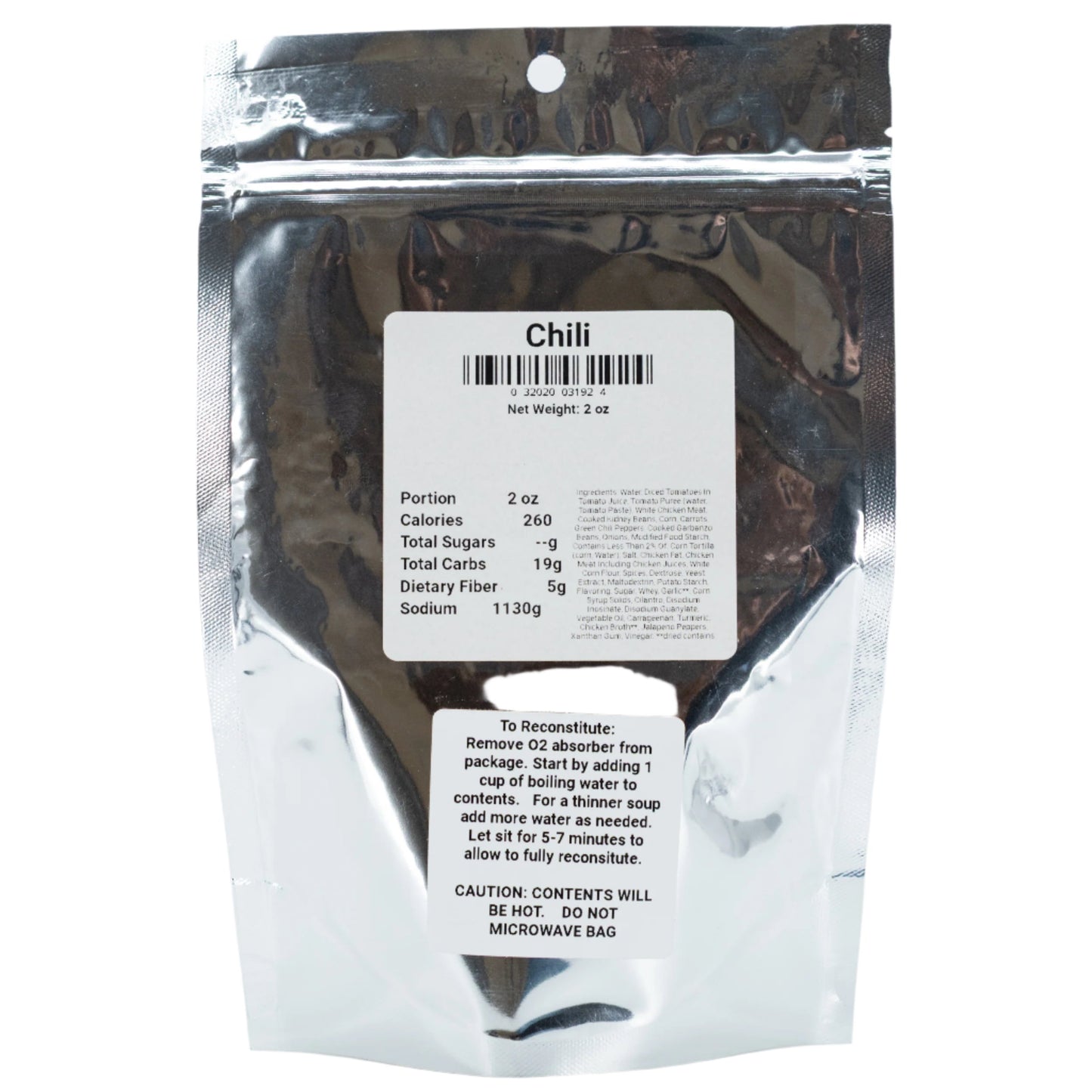 Freeze dried chili soup in 2 oz packs from Wicked Good Foods, shown in a multi-pack with chili soup ingredients.