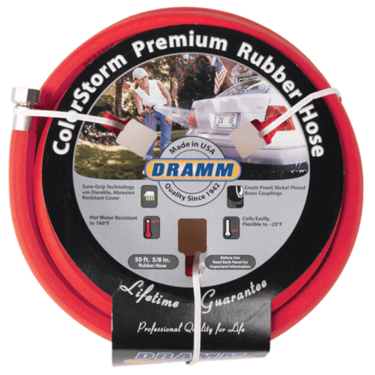 Silhouette of a Dramm 50-foot Colorstorm Premium Rubber Hose with a rain wand attachment for watering gardens.