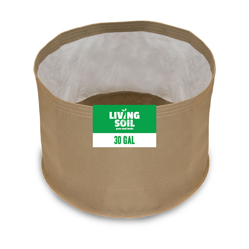 30-gallon Grassroots Fabric Pot with living soil, durable fabric container for gardening and plant growth.