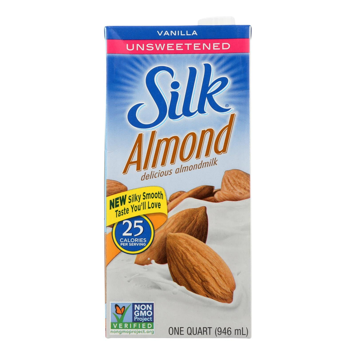 Six cartons of Cozy Farm Silk Almond Milk Unsweetened Vanilla, 32 fl oz each, with almond milk bottles featuring vanilla flavor labeling.