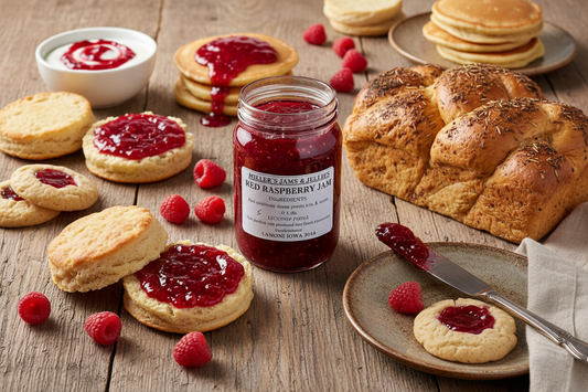 Amish Country Store Miller's Red Raspberry Jam jar with label, showing fresh red raspberries and Amish-made Amish jam product