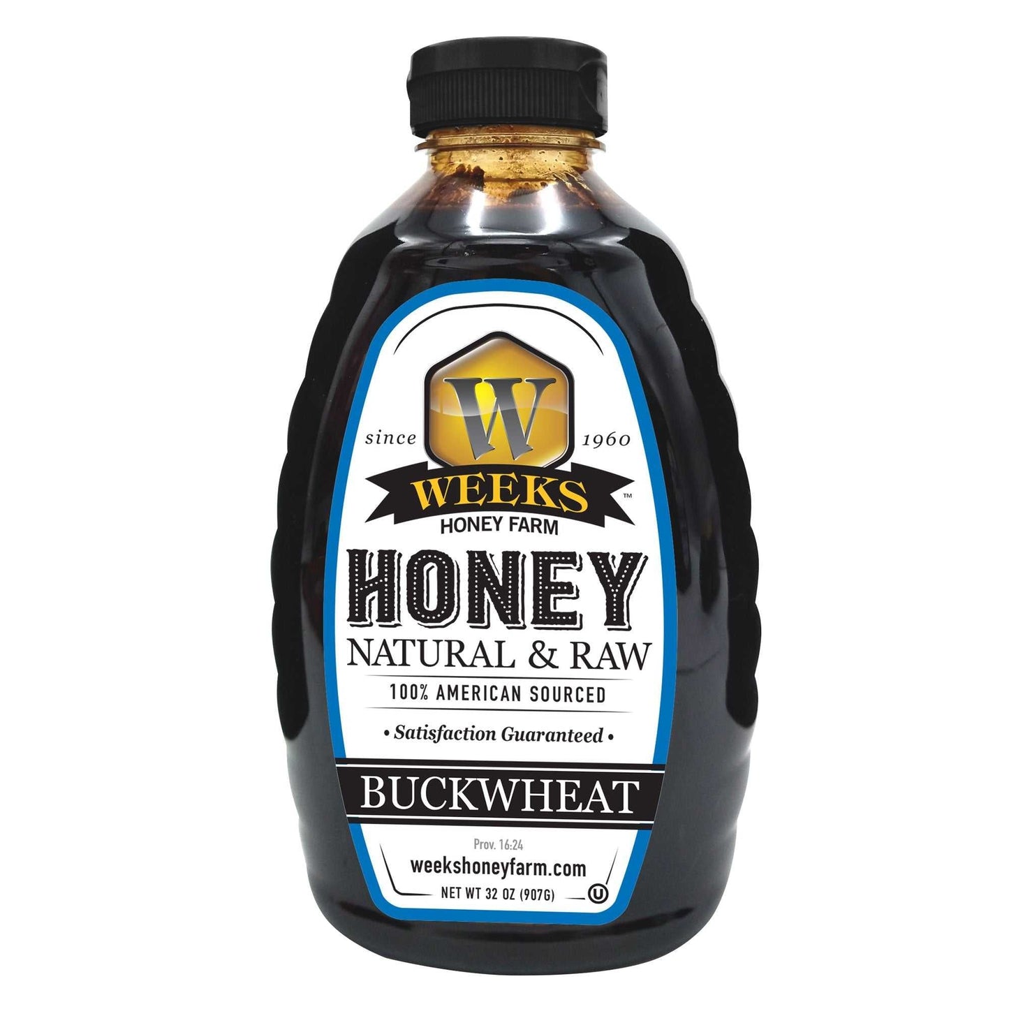 A 32 oz squeeze bottle of Weeks Honey Farm’s Raw Buckwheat Honey—pure, all-natural, and antioxidant-rich with a dark, robust molasses flavor. Perfect for coffee, waffles, or BBQ sauce. Label features yellow hexagon W logo.