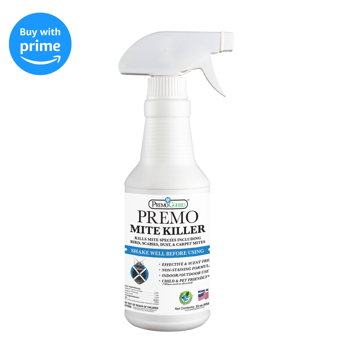 32oz Premo Natural Products mite killer spray bottle, natural non-toxic pesticide for pest control, labeled as all-natural and safe.