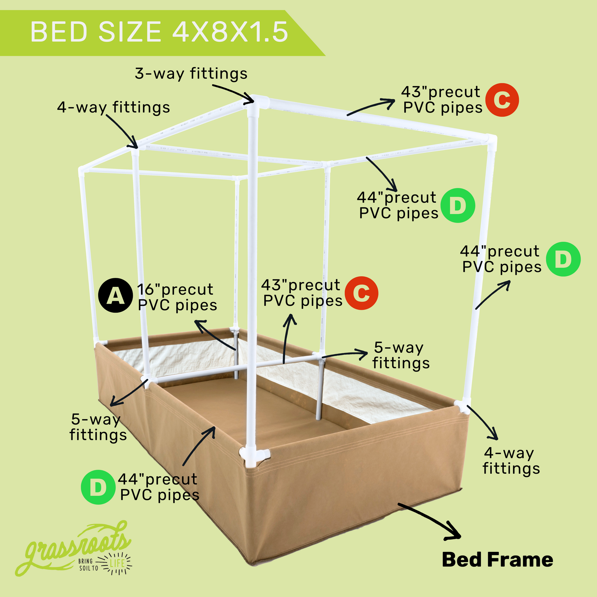 Complete kit for living soil in fabric bed from Grassroots Fabric Pots, includes fabric bed and gardening supplies.