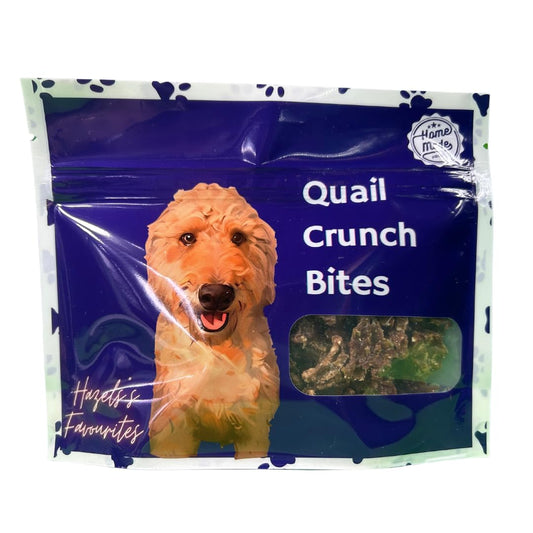 Dehydrated dog treats with quail meat and shells, featuring organic ingredients, designed for healthy training rewards.