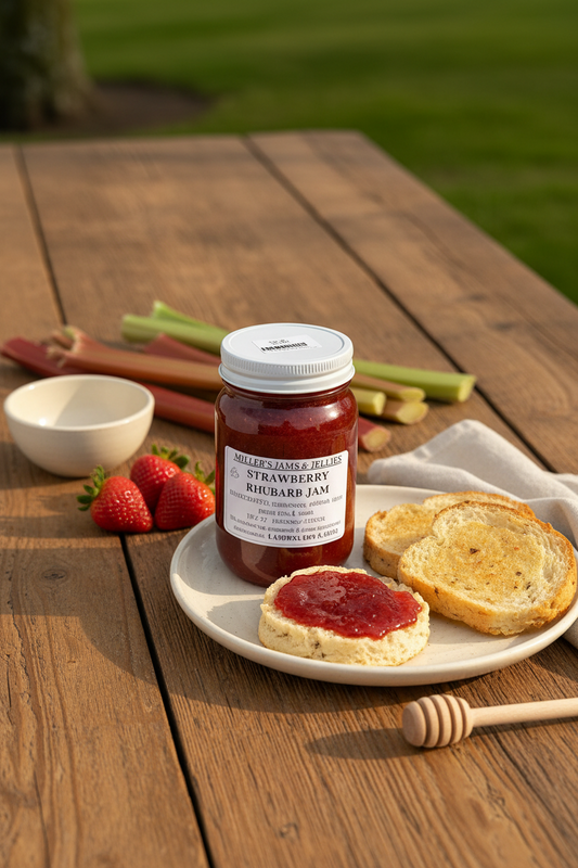 Amish Country Store Miller's strawberry rhubarb jam jar with colorful label, showcasing handmade Amish jam made with fresh fruit.