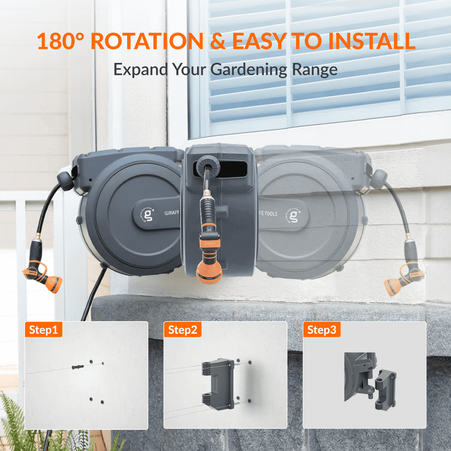 Giraffe Tools US retractable garden hose reel with 5/8 inch, 115-foot hose, mounted outdoors for easy watering.