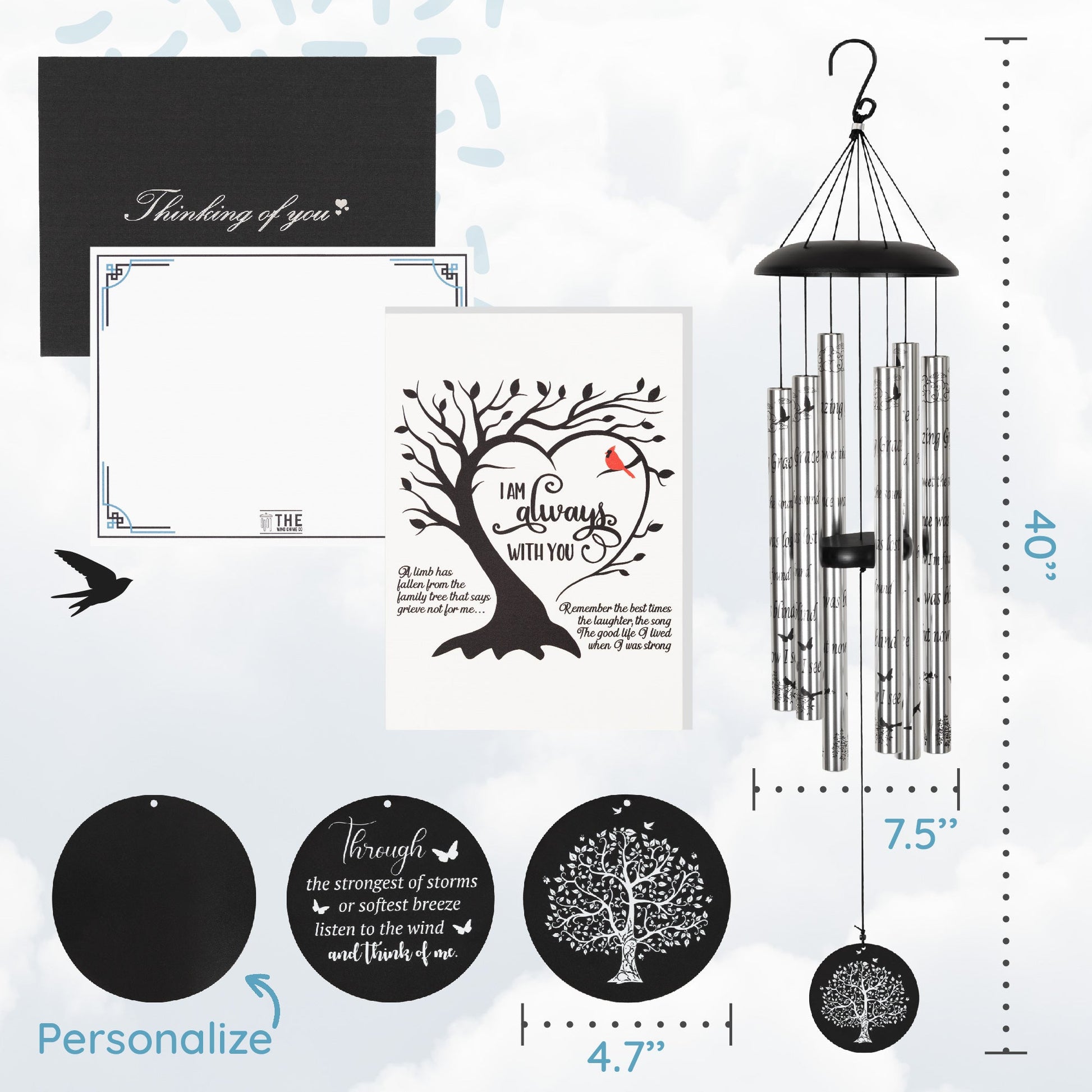 40" Serenity Memorial Wind Chimes, Thoughtful Gift For Special Occasions or Reflections Amazing Grace Scripture - Blessings Grow Meadows