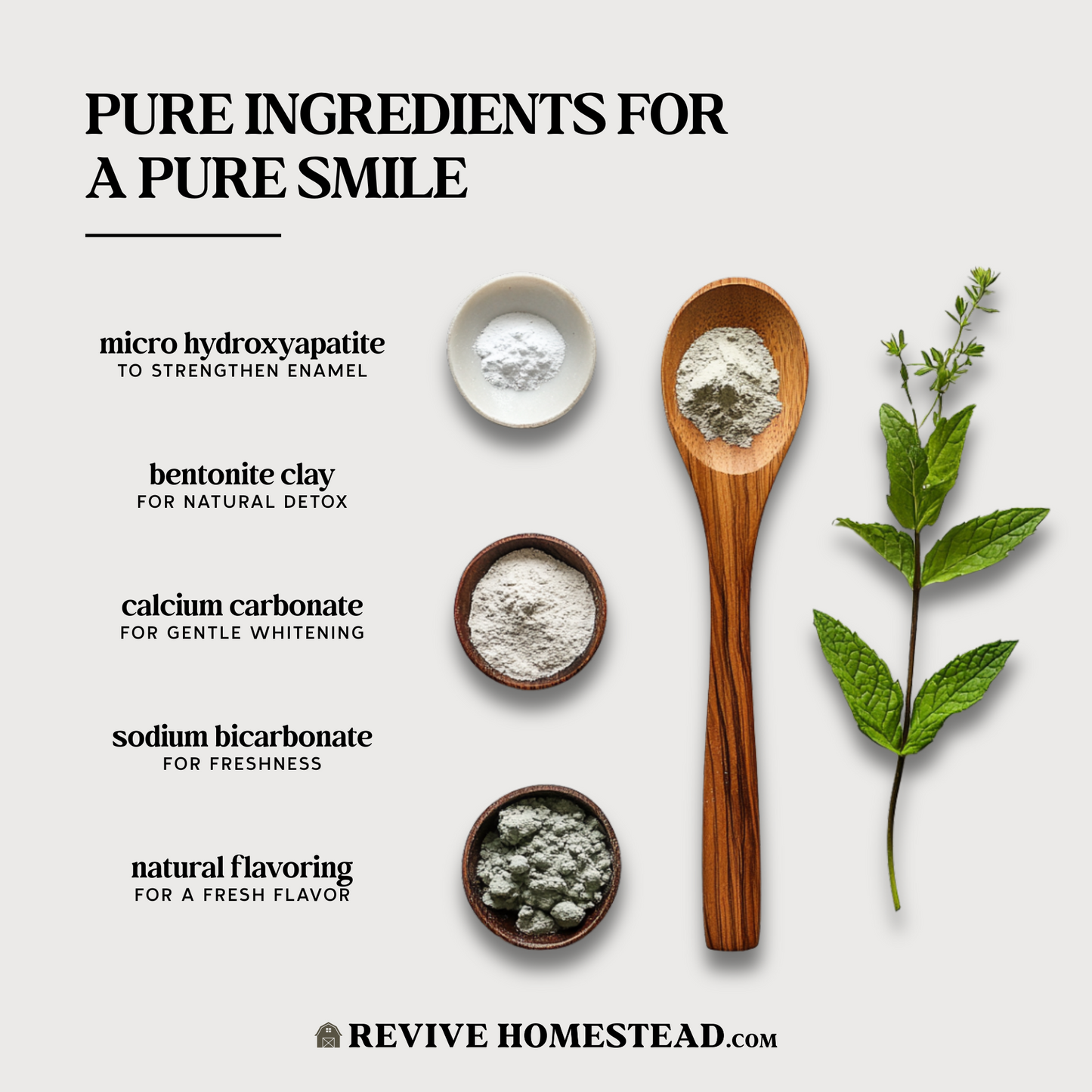 Revive Homestead remineralizing tooth powder with hydroxyapatite, natural ingredients, and no added sweeteners in a jar.