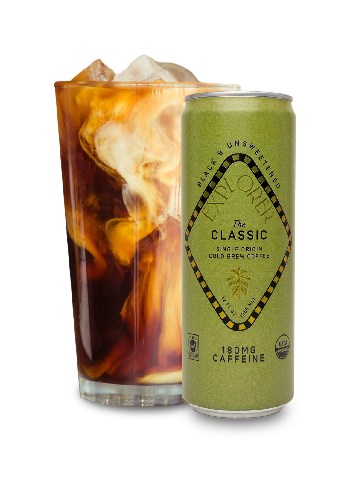 Unsweetened Explorer Cold Brew coffee 12-pack, featuring bottles of cold brew with customizable caffeine levels.