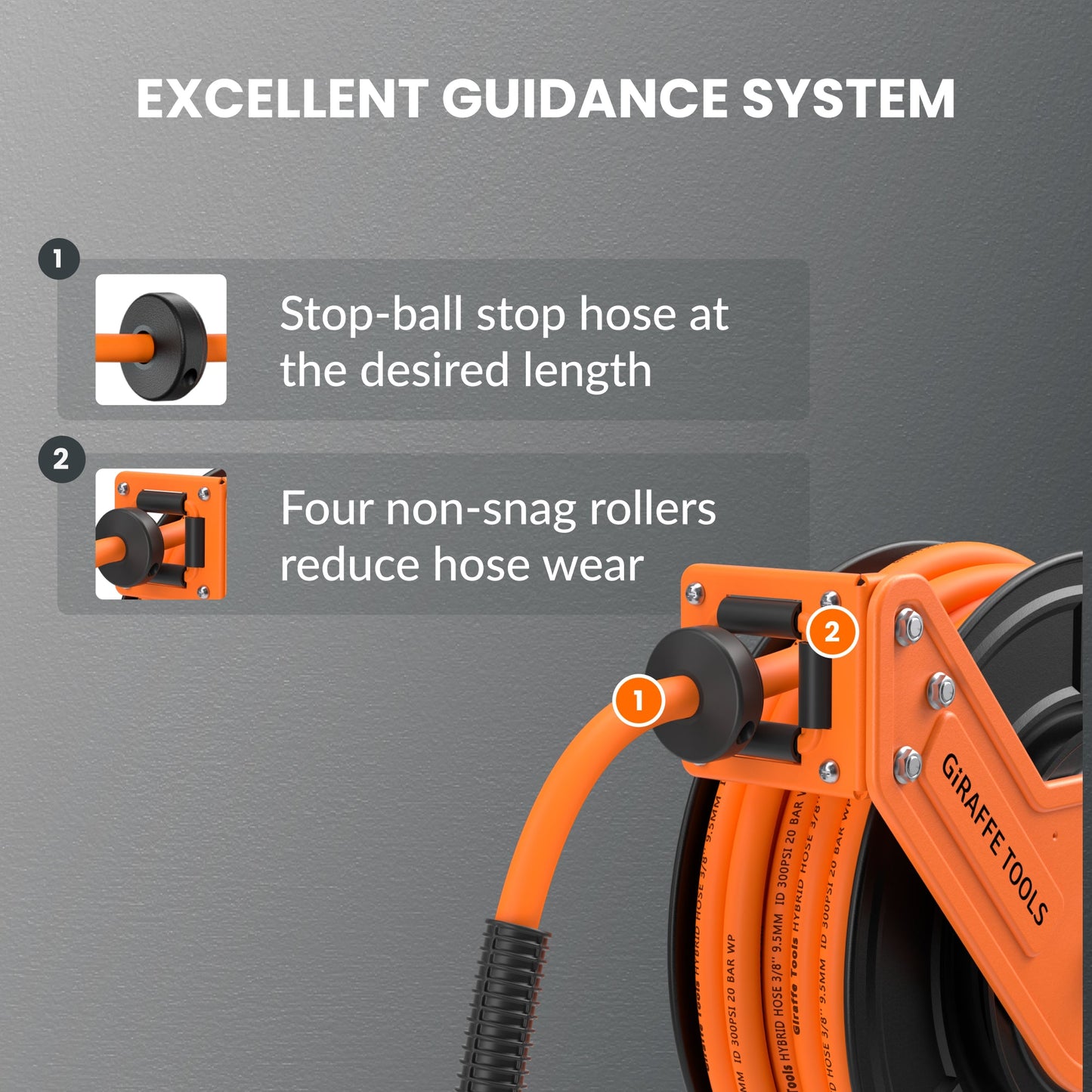 Giraffe Tools US retractable air hose reel with alloy steel construction, 3/8 inch diameter, available in 25ft or 50ft length