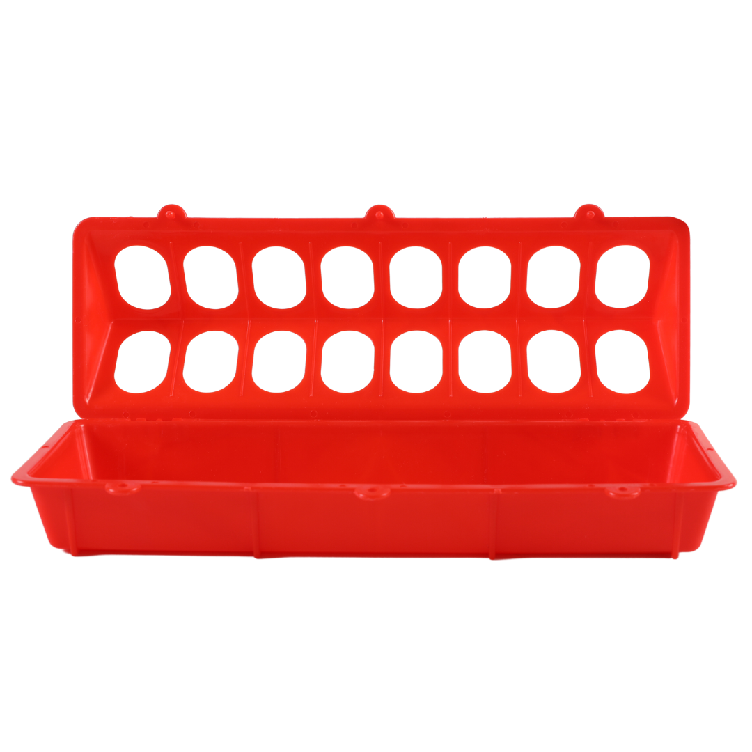 The My Pet Chicken Farmight 12 flip top feeder, shown open with space for twelve eggs, features a hinged lid and plastic design similar to a classic chicken feeder—ideal for secure egg storage or transport.